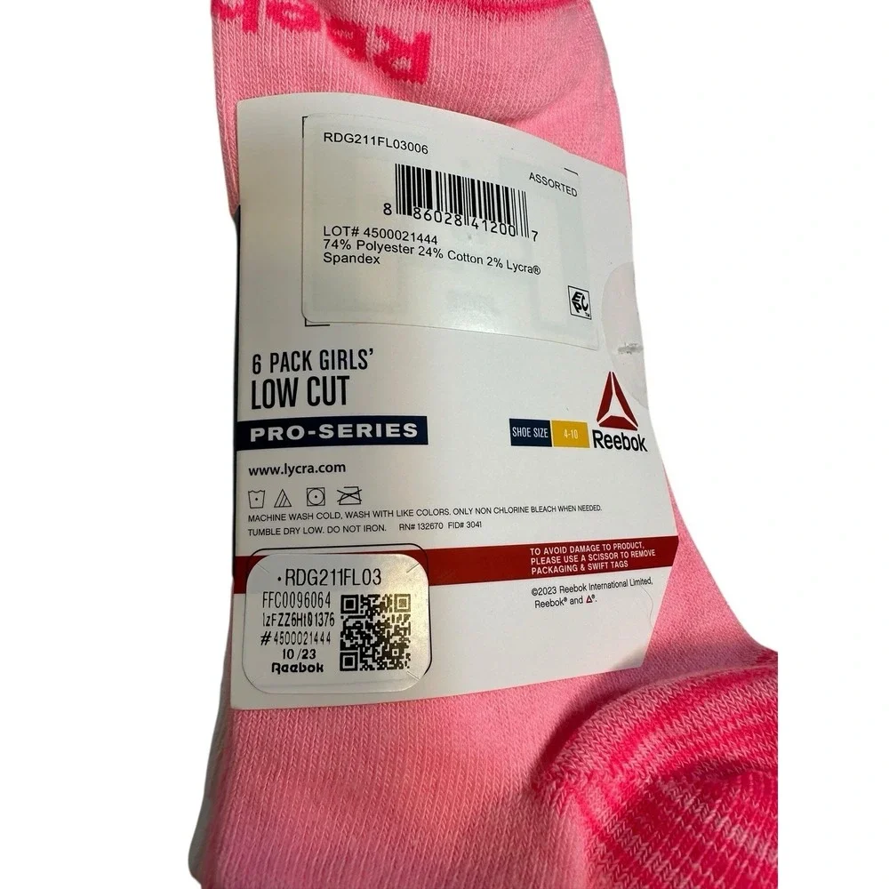 reebok 6 pairs girls low cut ankle socks size‎ large 4 - 10